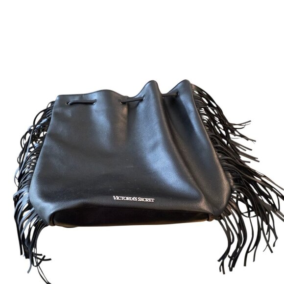 Victorias Secret Black Hobo Backpack Fashion Show Bag Fringe Drawstring Purse - Picture 4 of 6